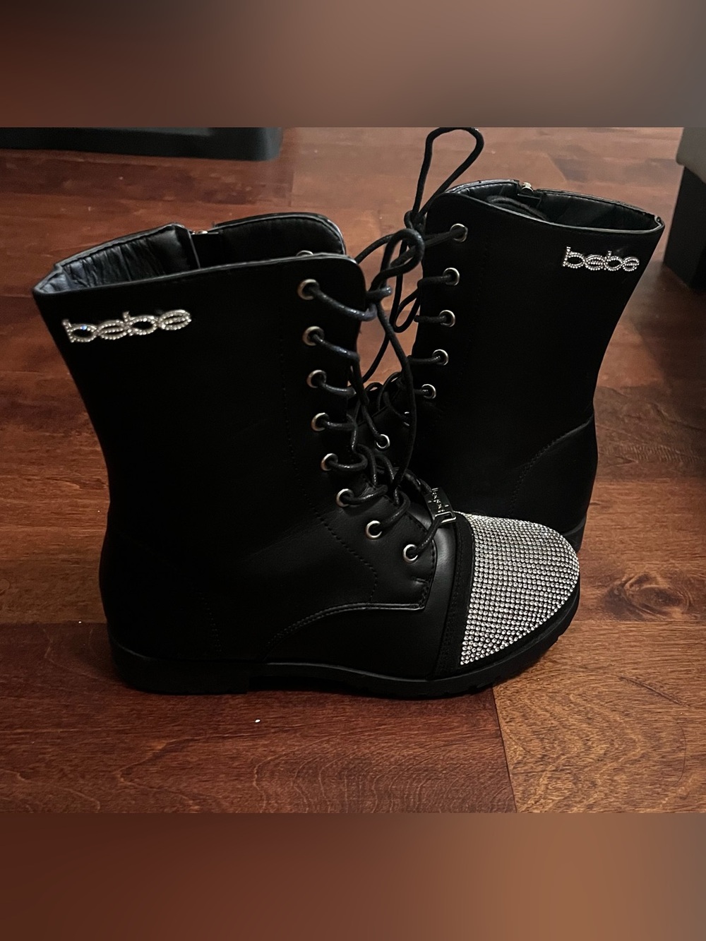 bebe Black Lace-Up Combat Boots with Crystal-Embellished Toe